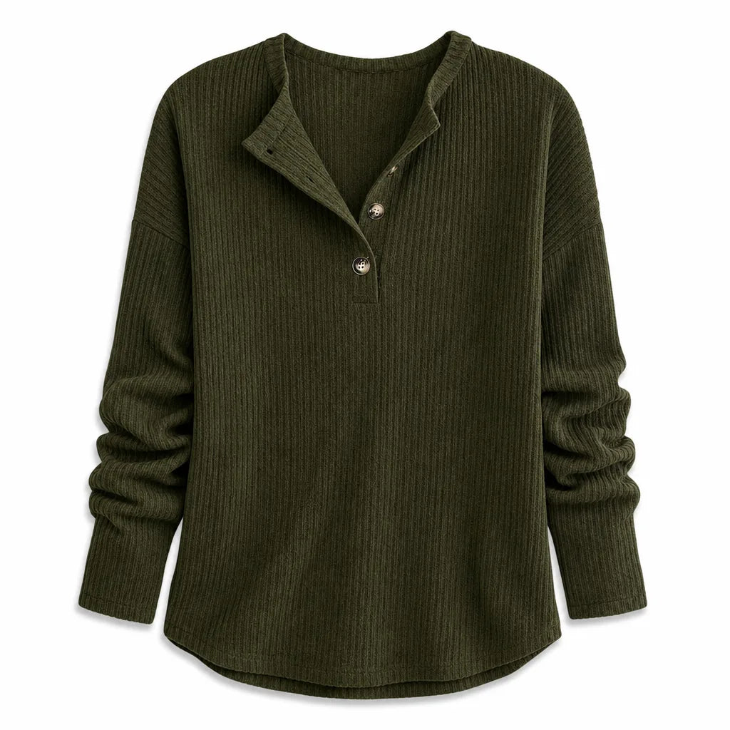 Elowen Ribbed Half-Placket Pullover - Color:Green;Size:XS
