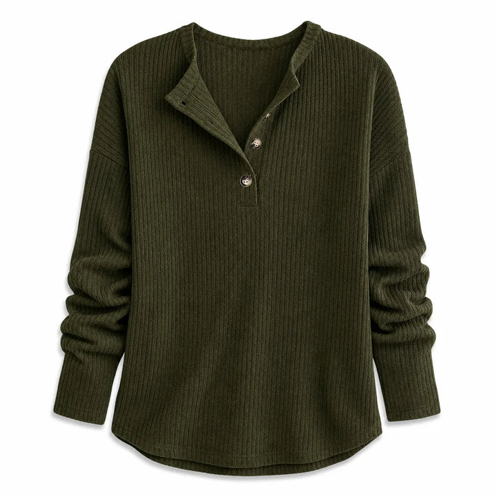 Elowen Ribbed Half-Placket Pullover - Color:Green;Size:XS