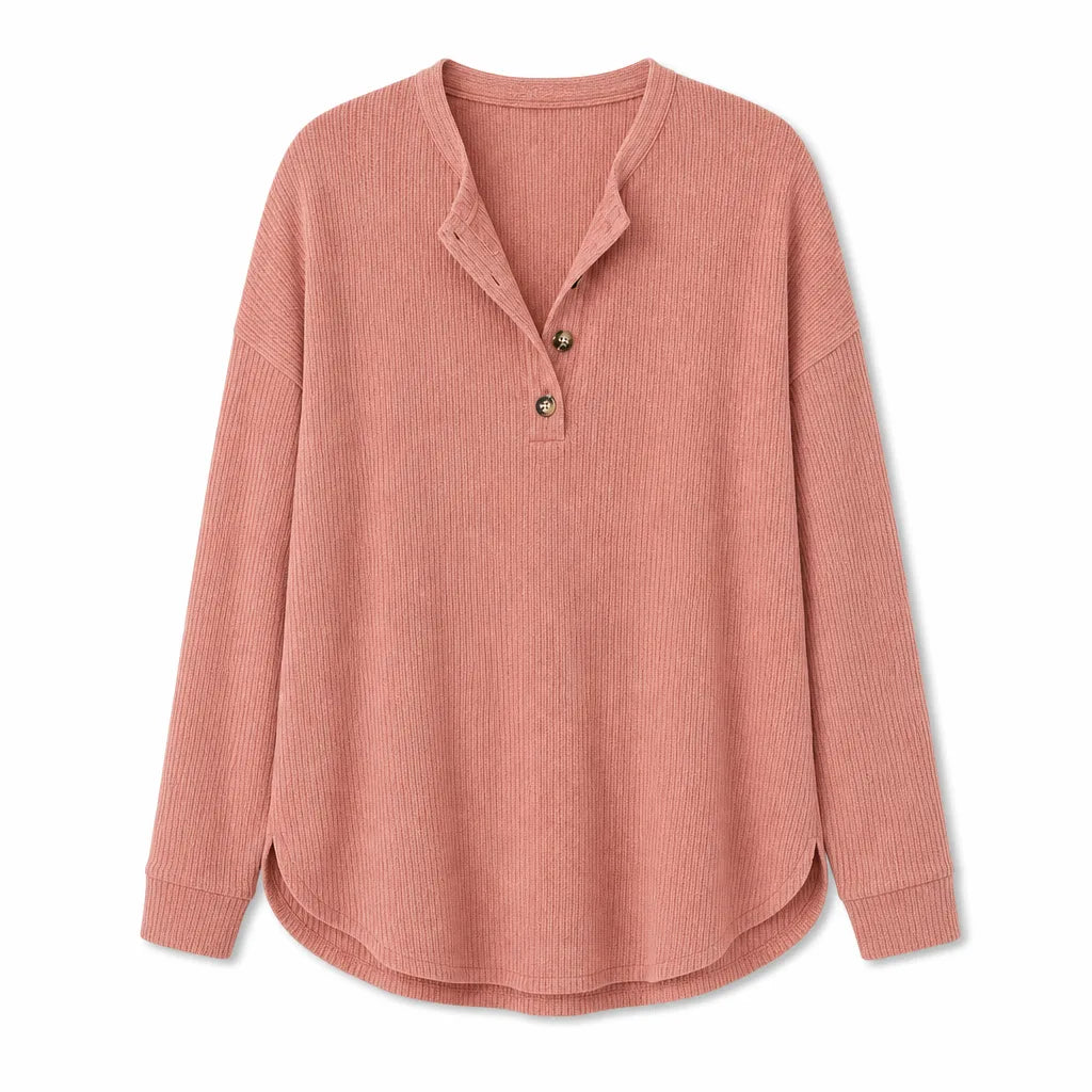 Elowen Ribbed Half-Placket Pullover - Color:Pink;Size:XS