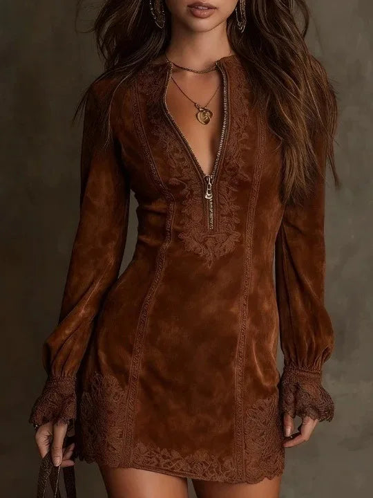 Elsie | Women's Victorian Mini Dress  - Color:Mocha Brown;Size:XS