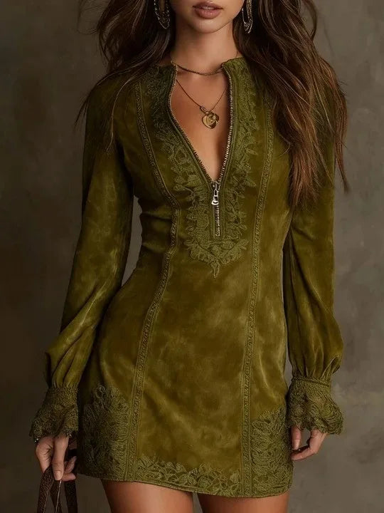 Elsie | Women's Victorian Mini Dress  - Color:Olive Green;Size:XS