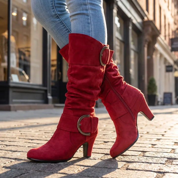 Women's Red Forsythe Buckle Knee Boots