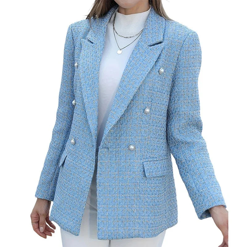 Emmie | Women's Tweed Plaid Double-Breasted Blazer - Color:Baby Blue;Size:XS