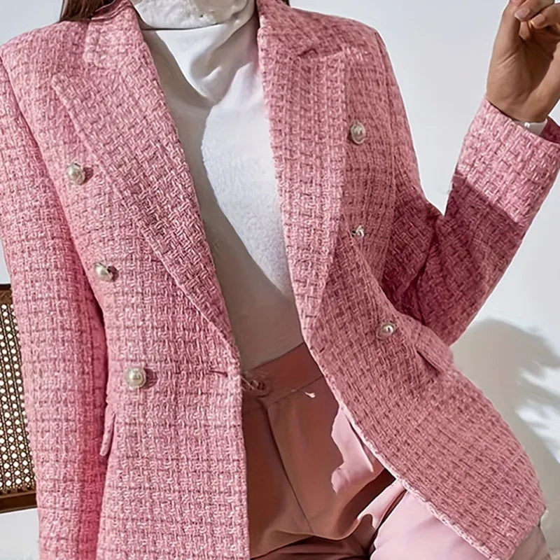 Emmie | Women's Tweed Plaid Double-Breasted Blazer - Color:Pink;Size:XS