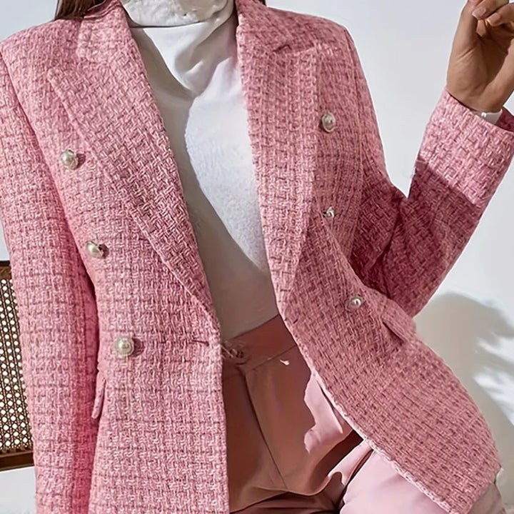 Emmie | Women's Tweed Plaid Double-Breasted Blazer - Color:Pink;Size:XS