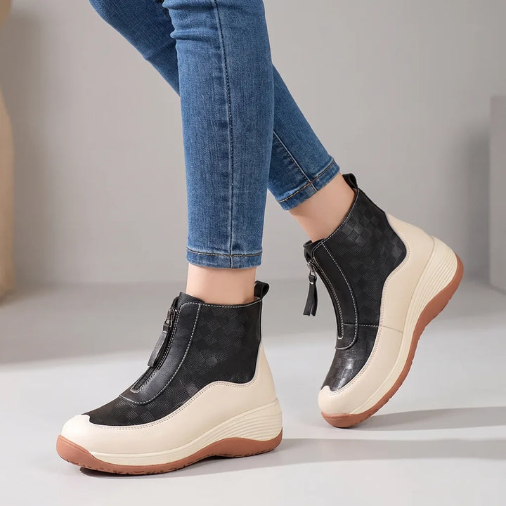 Erica | Women's Orthopedic Zip-Up Wedge Sneakers  - Color:Beige/Black;Size:35