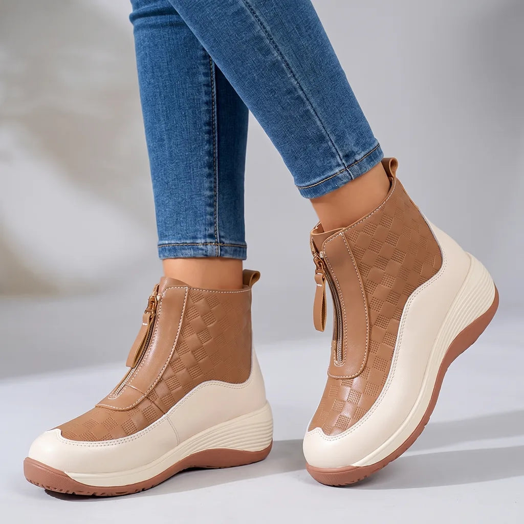 Erica | Women's Orthopedic Zip-Up Wedge Sneakers  - Color:Beige/Brown;Size:35