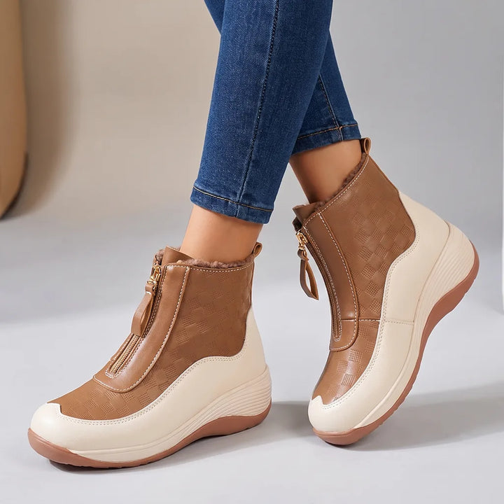 Erica | Women's Orthopedic Zip-Up Wedge Sneakers  - Color:Beige/Brown Plush;Size:35
