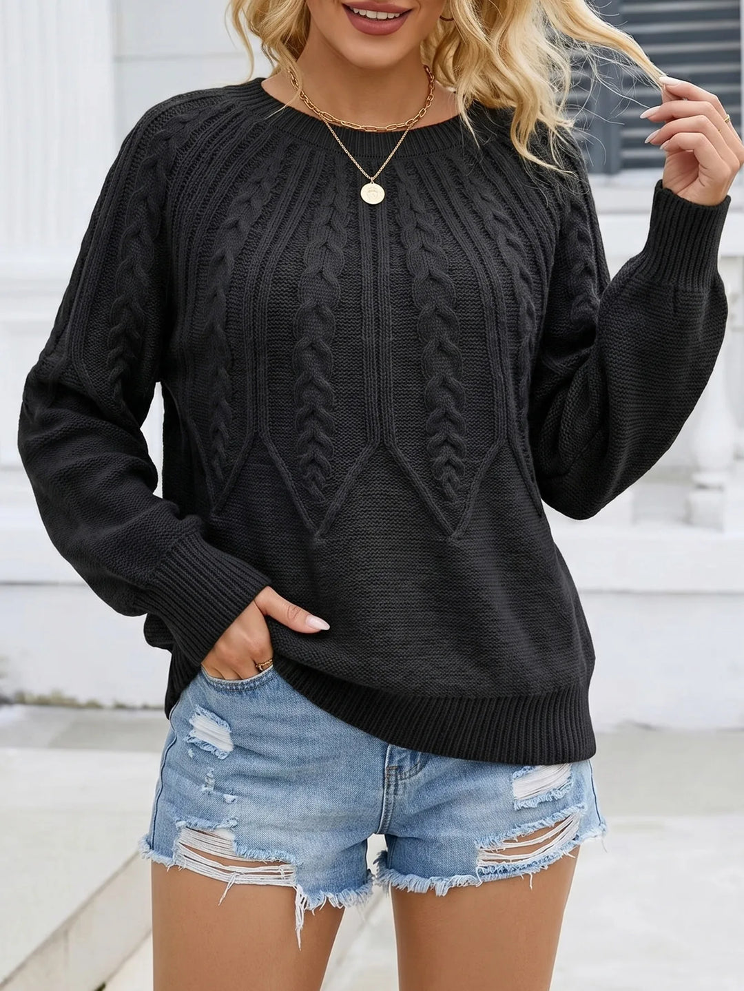 Eshal | Women's Cable-Knit Sweater  - Black