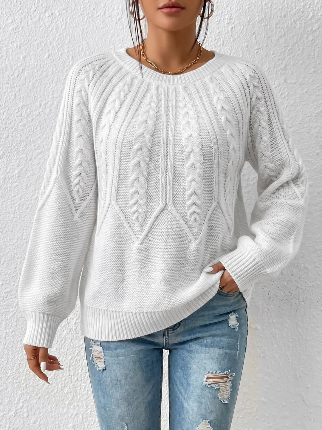 Eshal | Women's Cable-Knit Sweater  - Color:White;Size:XS