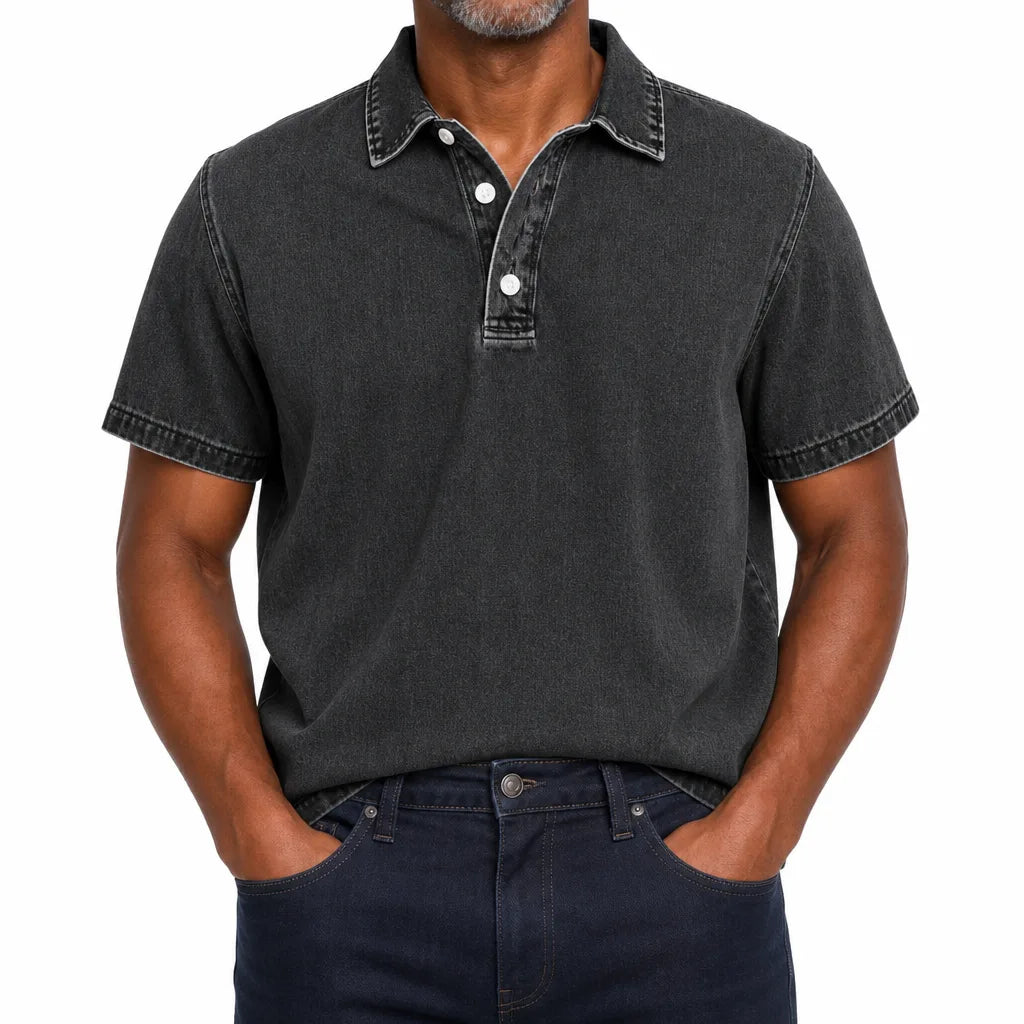 Everett | Men's Denim Dress Polo Shirt - Color:Black;Size:XS