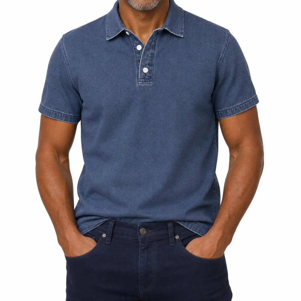 Everett | Men's Denim Dress Polo Shirt - Color:Blue;Size:XS