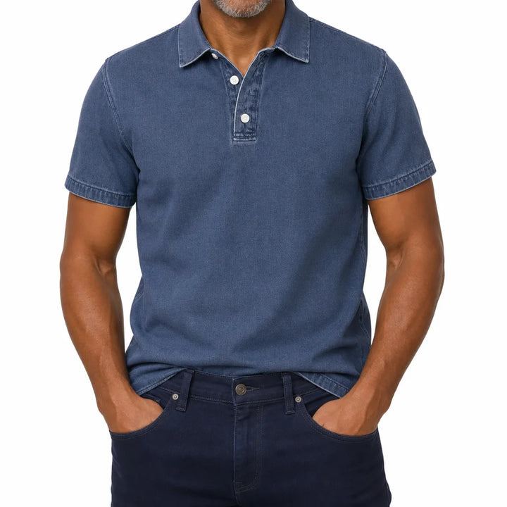 Everett | Men's Denim Dress Polo Shirt - Color:Blue;Size:XS