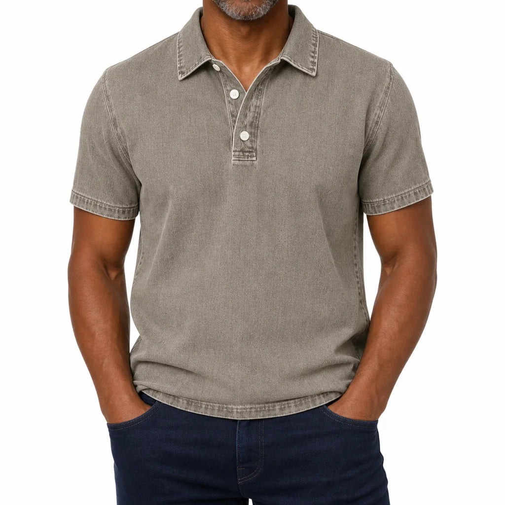 Everett | Men's Denim Dress Polo Shirt - Color:Brown;Size:XS