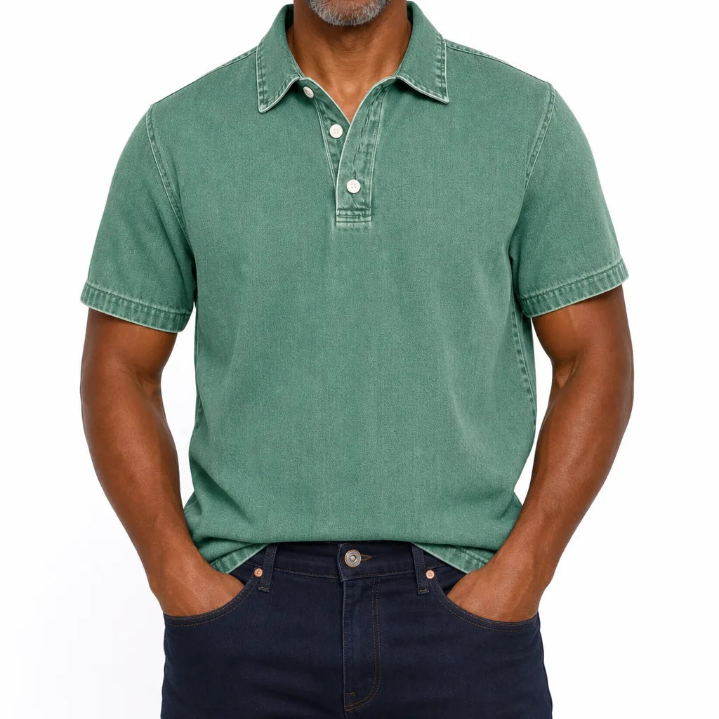 Everett | Men's Denim Dress Polo Shirt - Color:Green;Size:XS