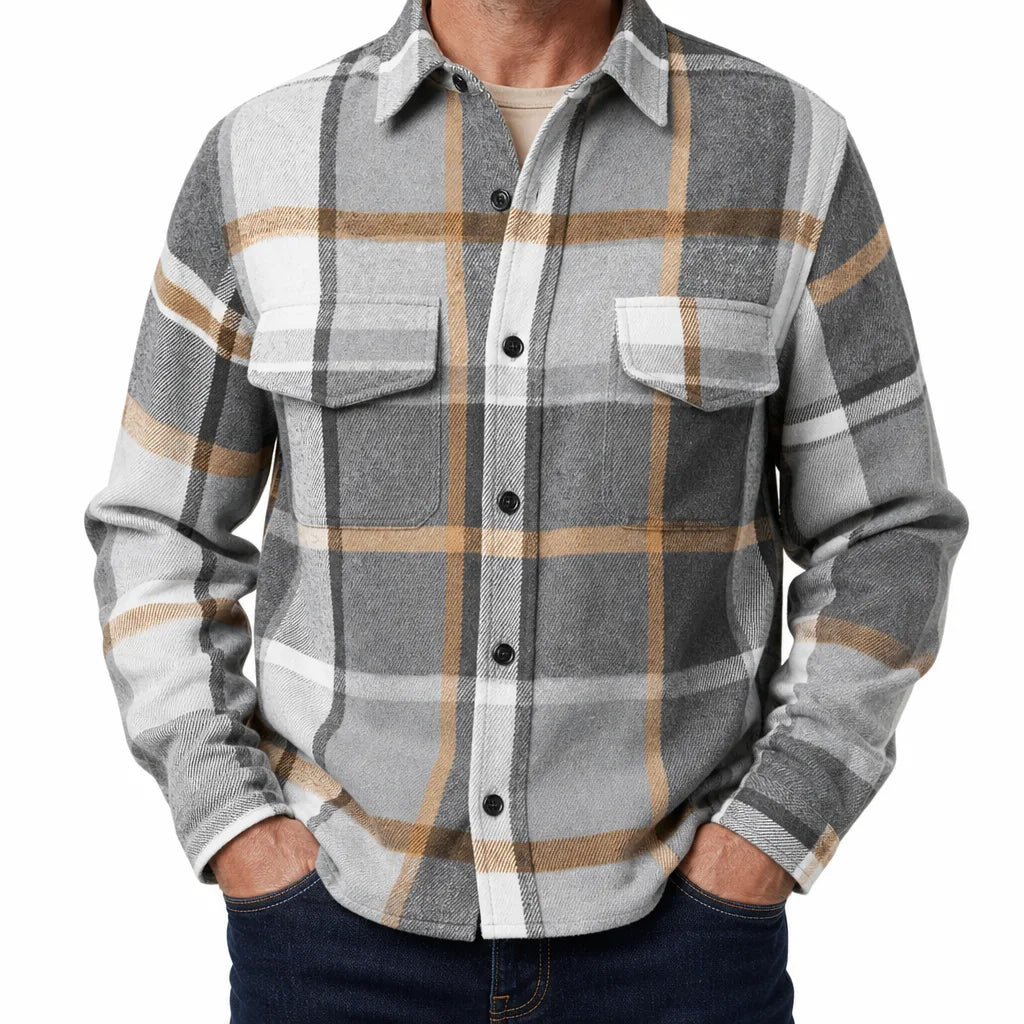 Fabian | Men's Plaid Shirt Jacket  - Color:Light Gray;Size:XS
