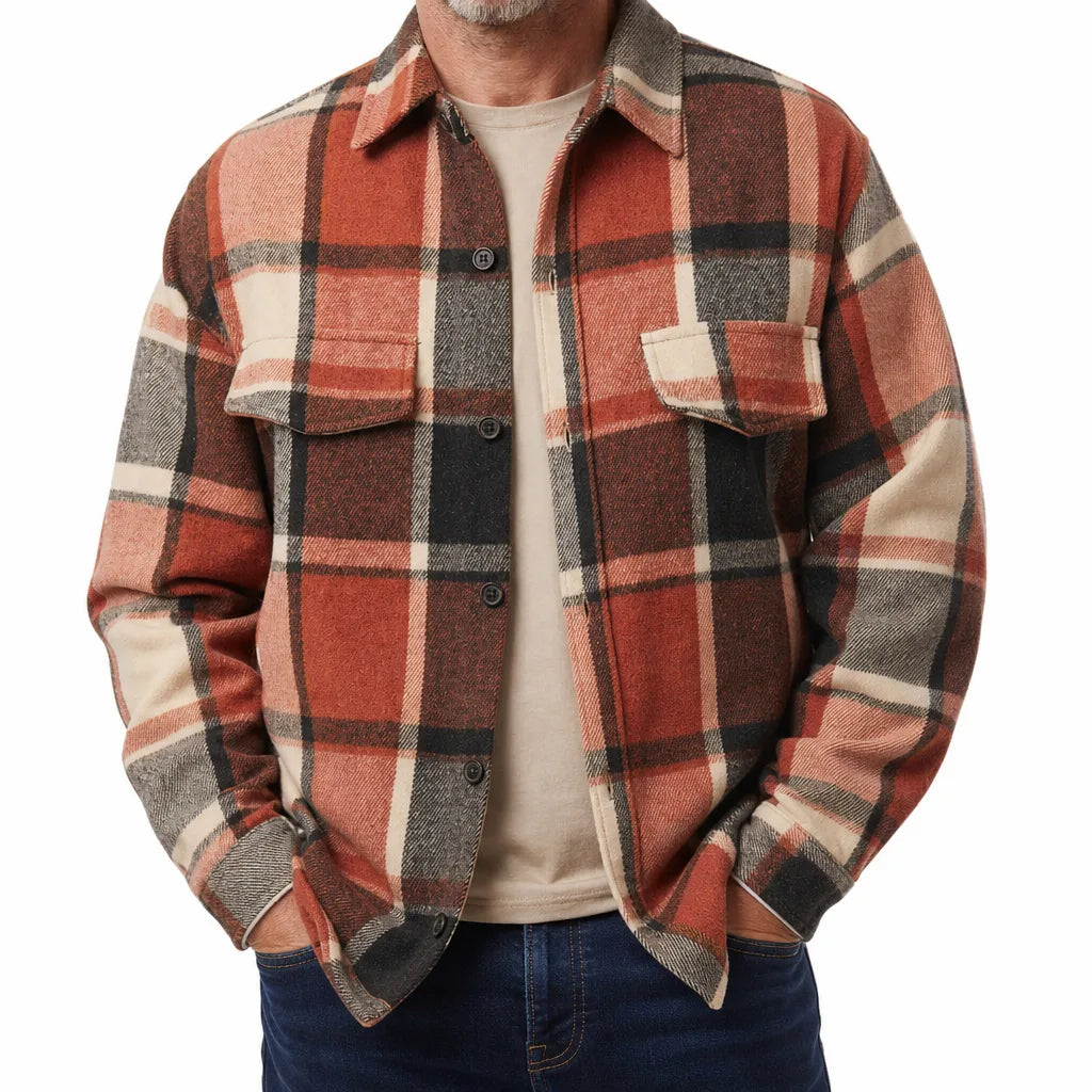 Fabian | Men's Plaid Shirt Jacket  - Color:Orange Red;Size:XS