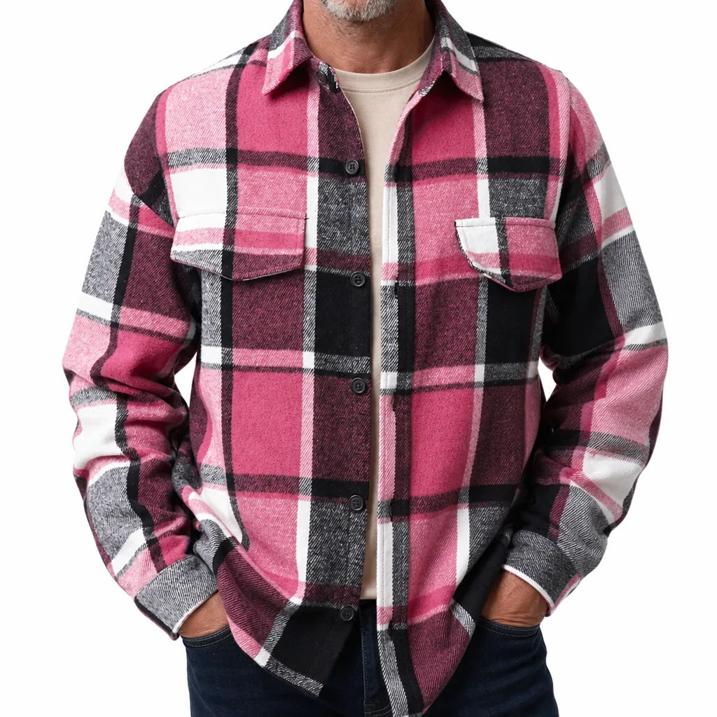 Fabian | Men's Plaid Shirt Jacket  - Color:Rose Red;Size:XS