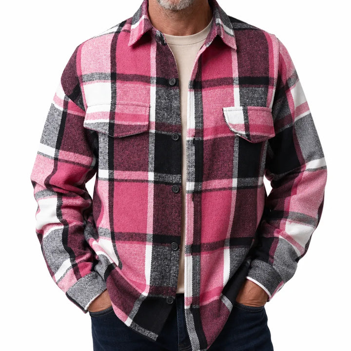Fabian | Men's Plaid Shirt Jacket  - Color:Rose Red;Size:XS