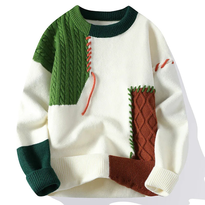 Fergus | Men's Festive Color-Block Knit Sweater - Size:S;Color:Green