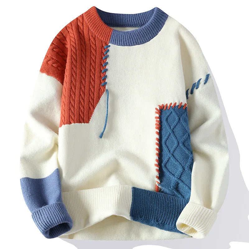 Fergus | Men's Festive Color-Block Knit Sweater - Size:S;Color:Orange