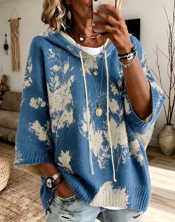 Flora | Women's Fall Leaf Hoodie Sweater  - Size:XS;Color:Dark Blue