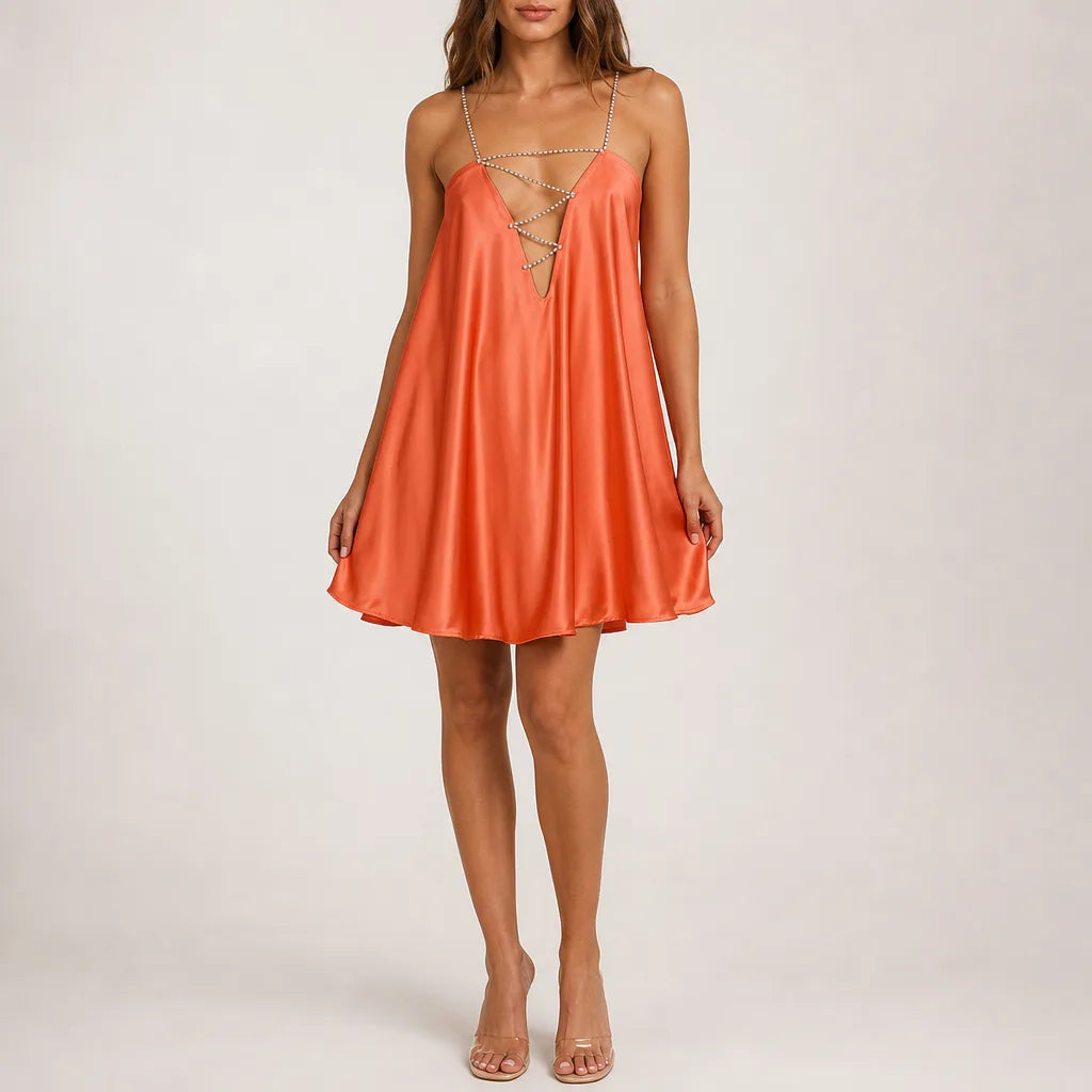 Frances Deep V Dress - Color:Orange;Size:S