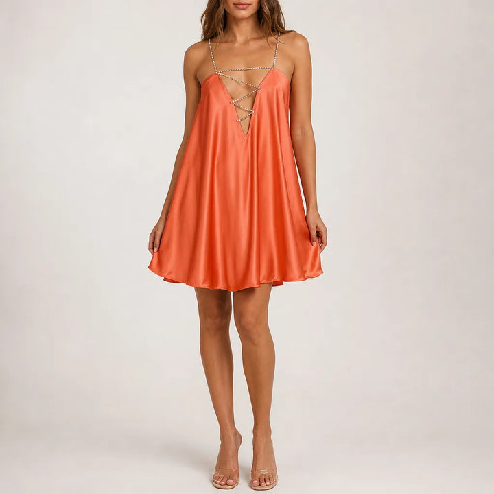 Frances Deep V Dress - Color:Orange;Size:S