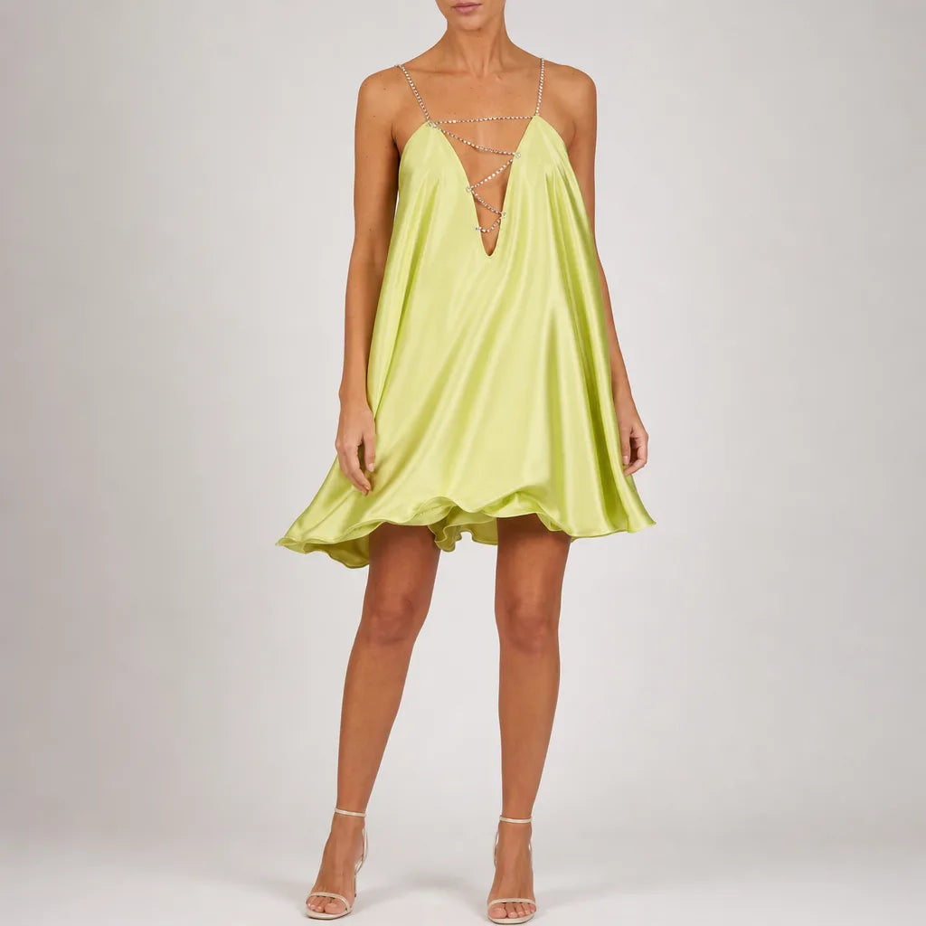 Frances Deep V Dress - Color:Yellow;Size:S