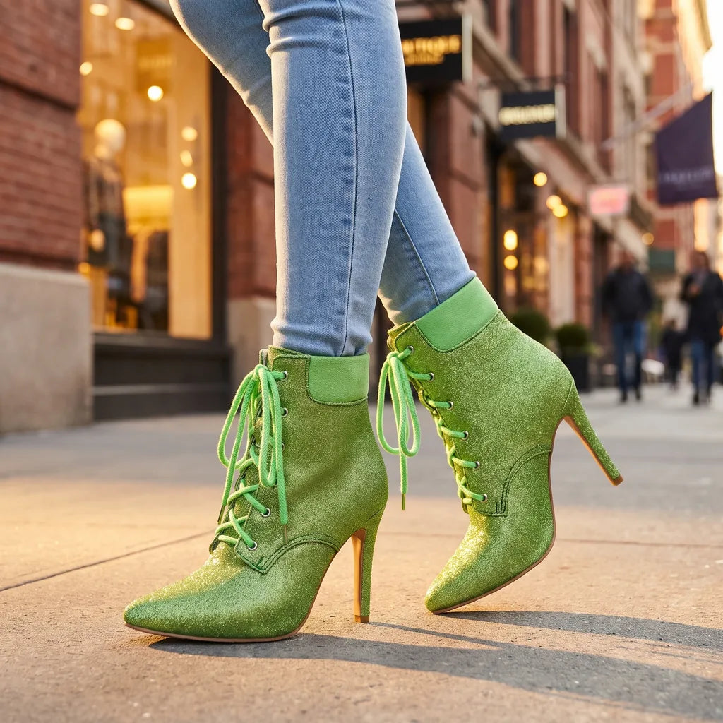 Women's Green Fielding Pointed Lace-Up Boots