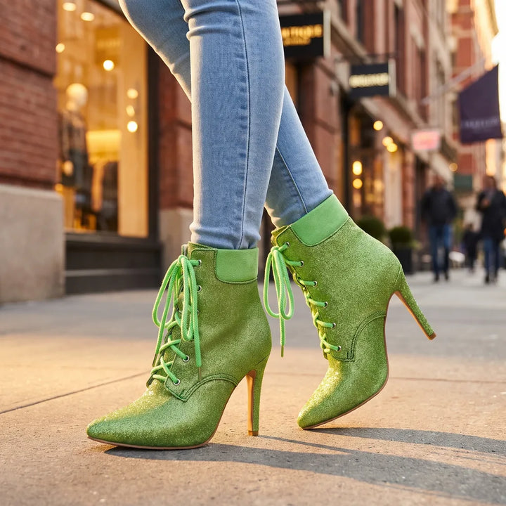 Women's Green Fielding Pointed Lace-Up Boots