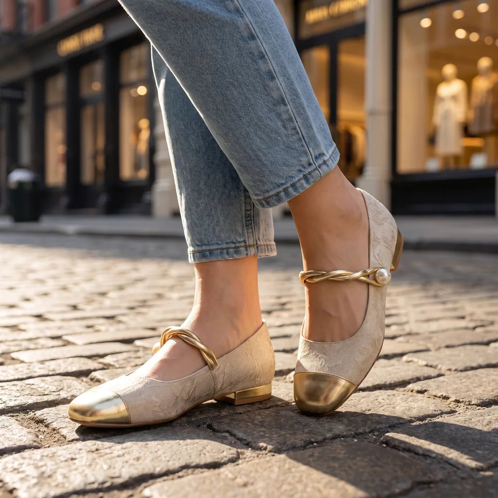 Genevieve Textured Flat Shoes - Color:Beige;Size:35
