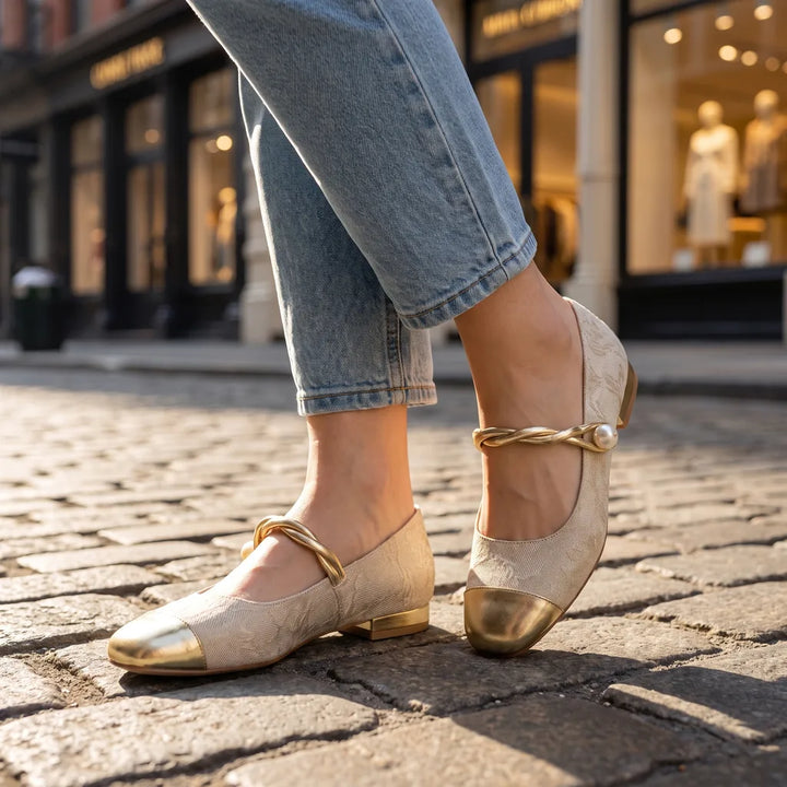 Genevieve Textured Flat Shoes - Color:Beige;Size:35