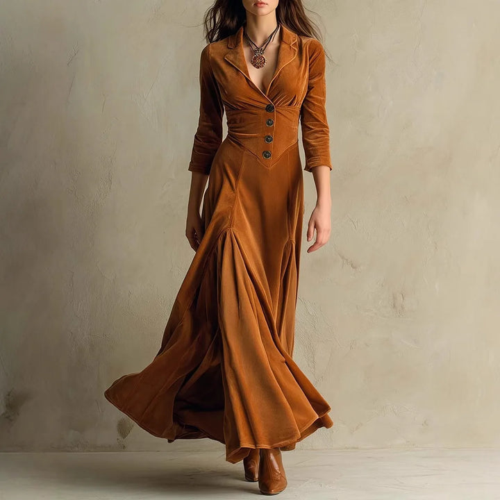 Gertrude | Women's Tailored Long Sleeve Maxi Dress - Color:Brown;Size:S