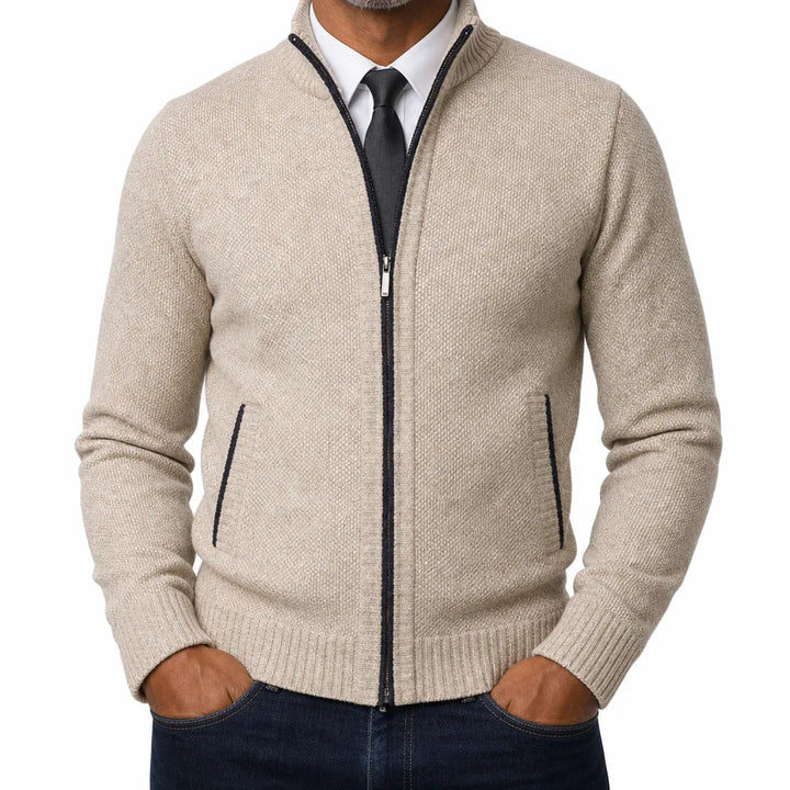 Gideon | Men's Fall Zip-Up Cardigan Knit Sweater - Color:Beige;Size:S