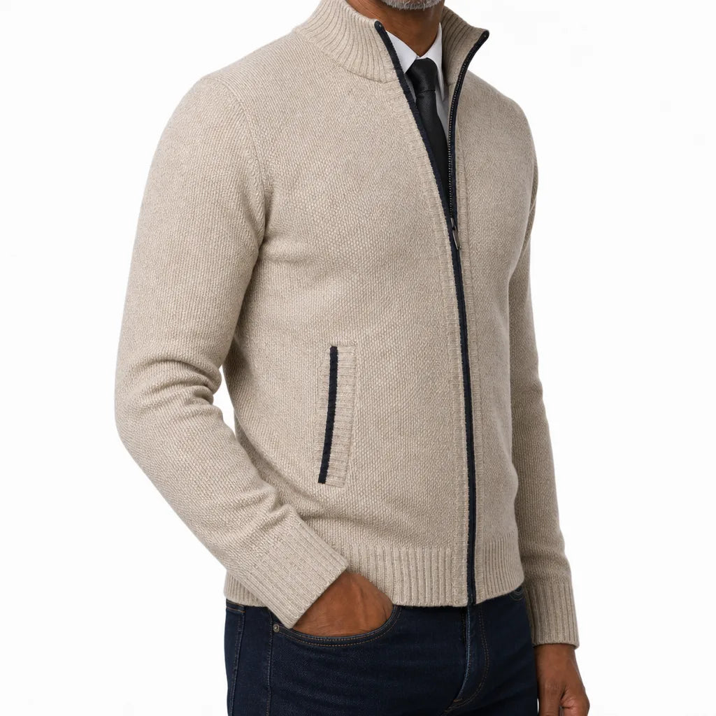 Men's Beige Gideon | Men's Fall Zip-Up Cardigan Knit Sweater