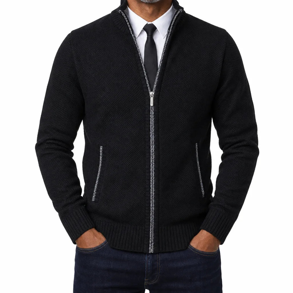 Gideon | Men's Fall Zip-Up Cardigan Knit Sweater - Color:Black;Size:S