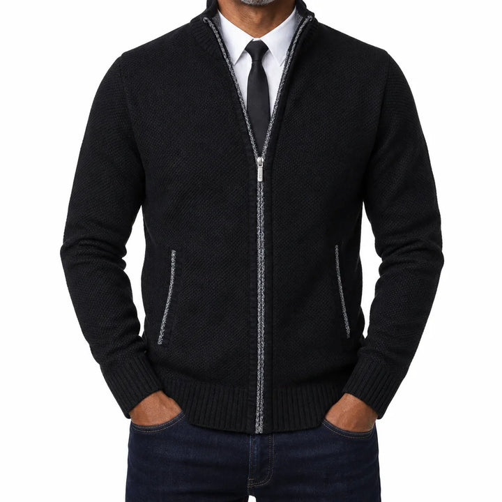 Gideon | Men's Fall Zip-Up Cardigan Knit Sweater - Color:Black;Size:S