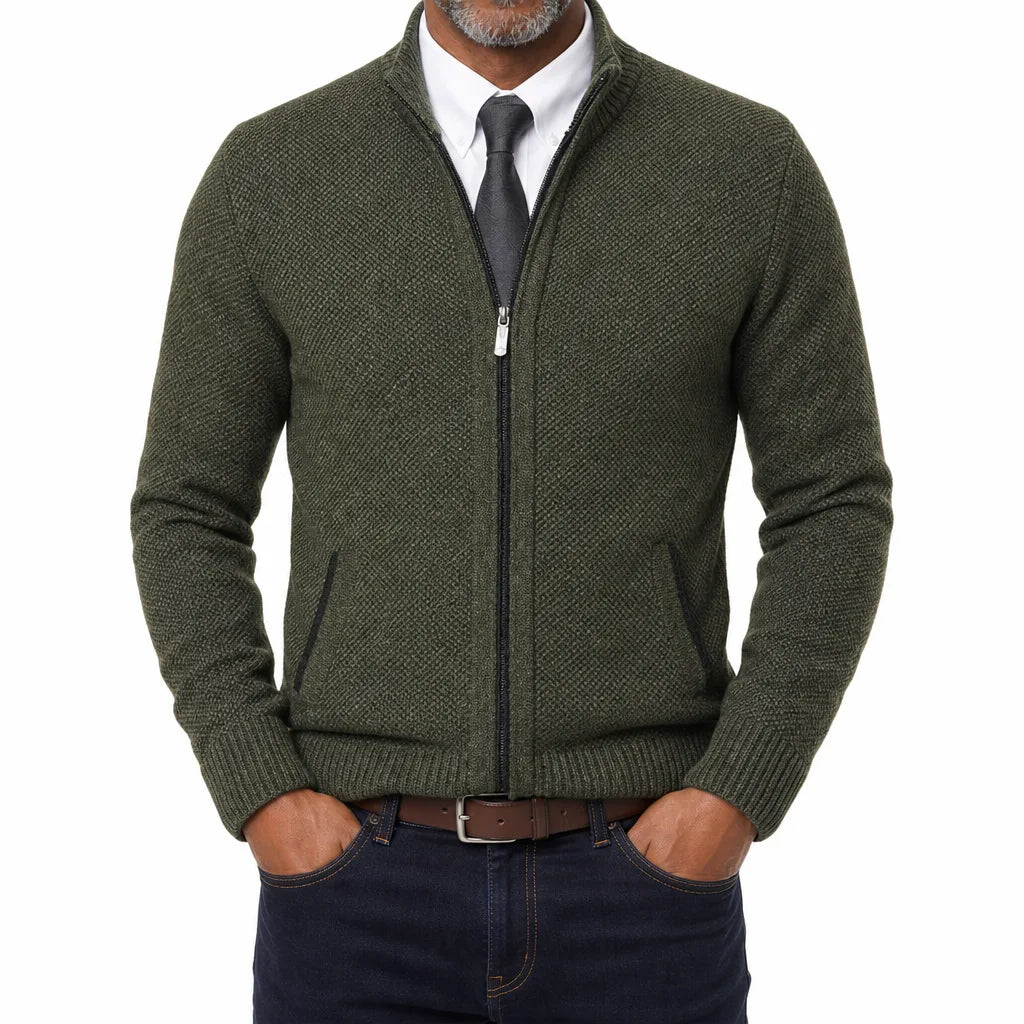 Gideon | Men's Fall Zip-Up Cardigan Knit Sweater - Color:Green;Size:S
