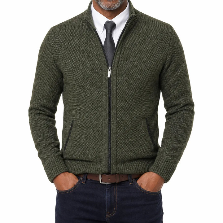 Gideon | Men's Fall Zip-Up Cardigan Knit Sweater - Color:Green;Size:S