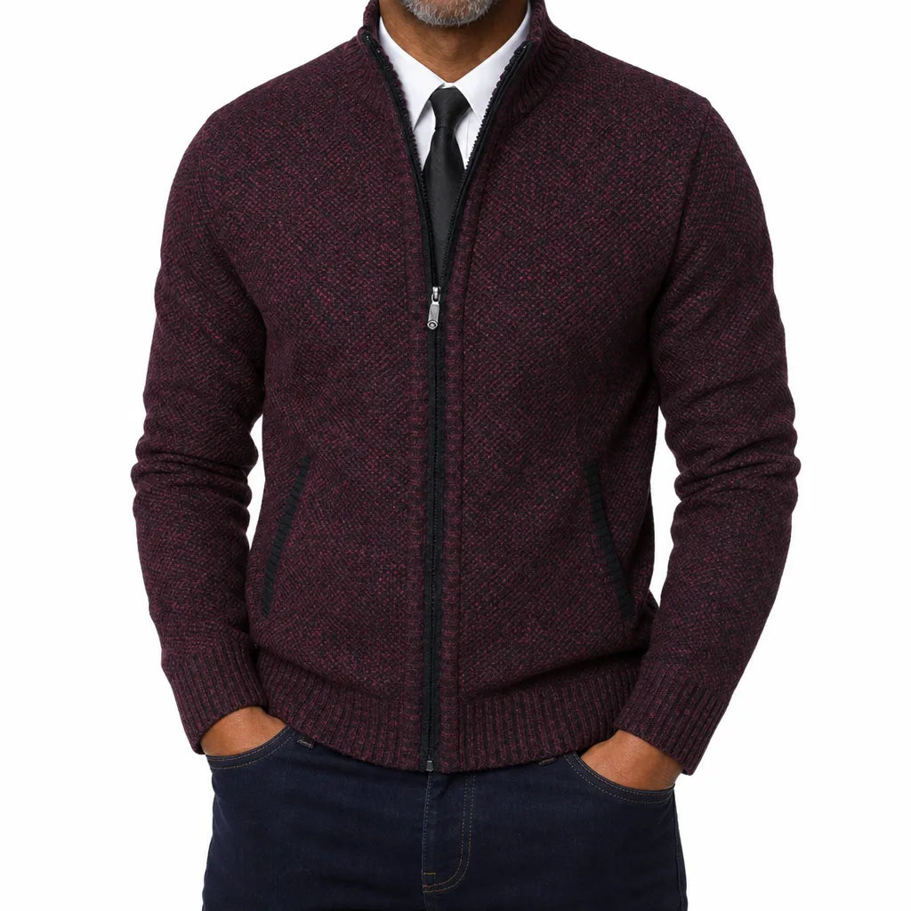 Gideon | Men's Fall Zip-Up Cardigan Knit Sweater - Color:Red;Size:S