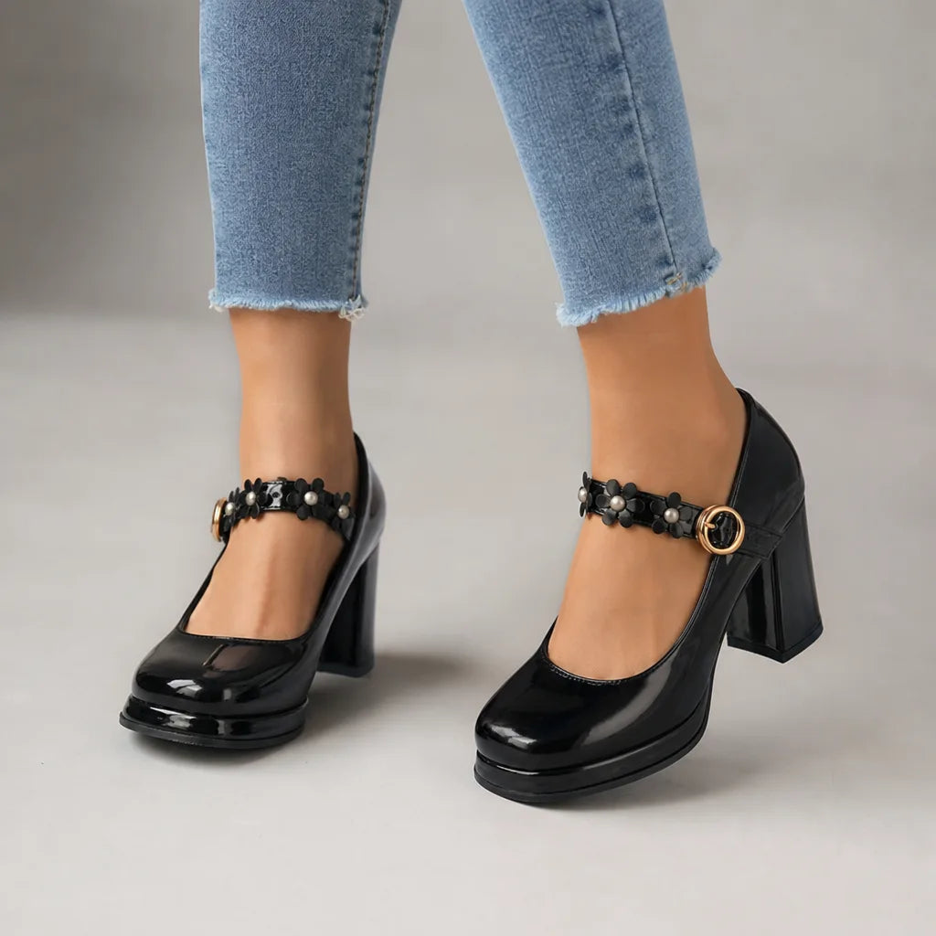 Gisselle | Women's Orthopedic Floral Mary Jane Heels - Color:Black;Size:35