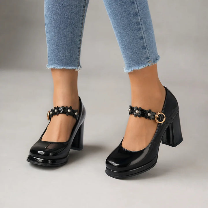 Gisselle | Women's Orthopedic Floral Mary Jane Heels - Color:Black;Size:35