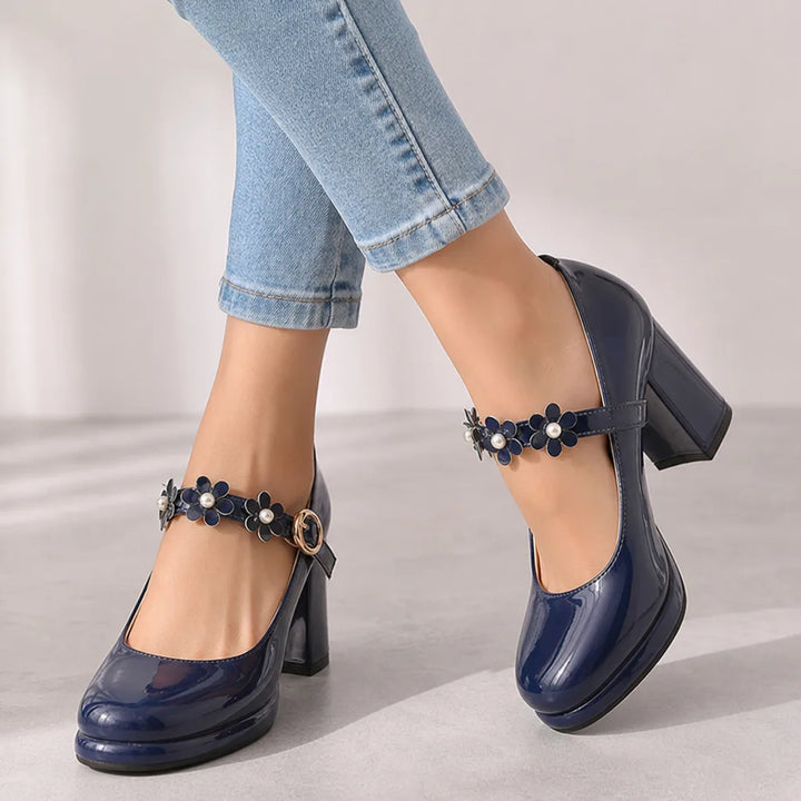 Gisselle | Women's Orthopedic Floral Mary Jane Heels - Color:Blue;Size:35