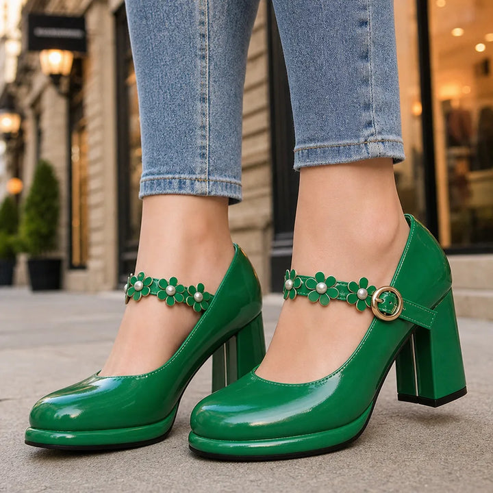 Women's Green Claudia | Women's Orthopedic Floral Mary Jane Heels