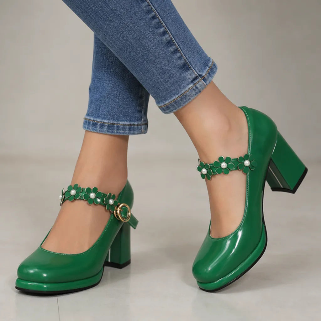 Gisselle | Women's Orthopedic Floral Mary Jane Heels - Color:Green;Size:35