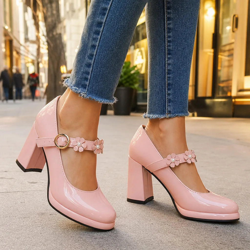 Women's Pink Claudia | Women's Orthopedic Floral Mary Jane Heels