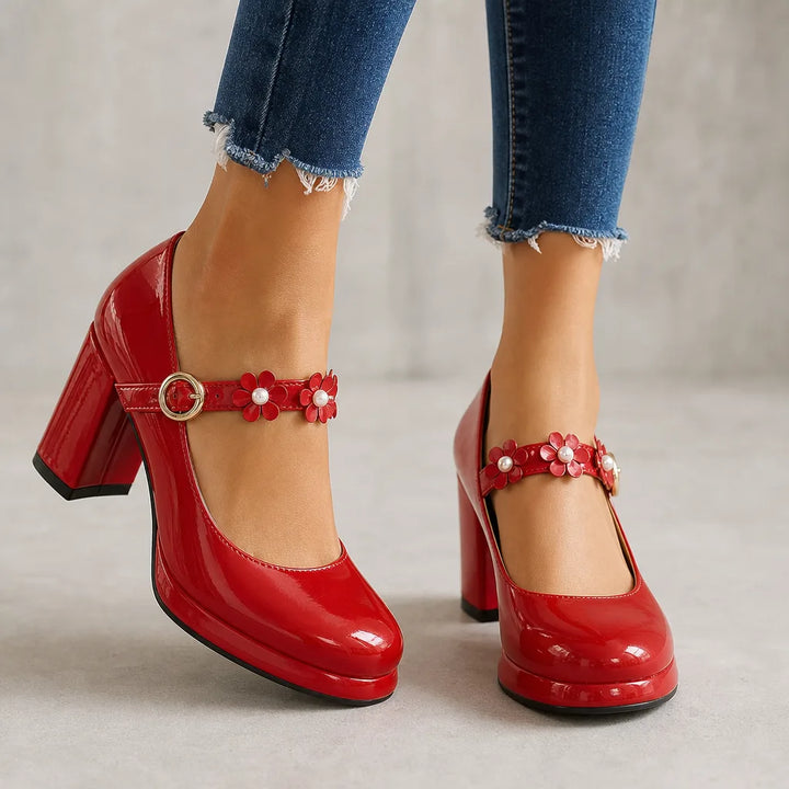 Gisselle | Women's Orthopedic Floral Mary Jane Heels - Color:Red;Size:35