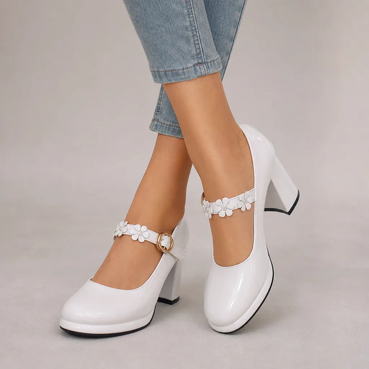 Gisselle | Women's Orthopedic Floral Mary Jane Heels - Color:White;Size:35