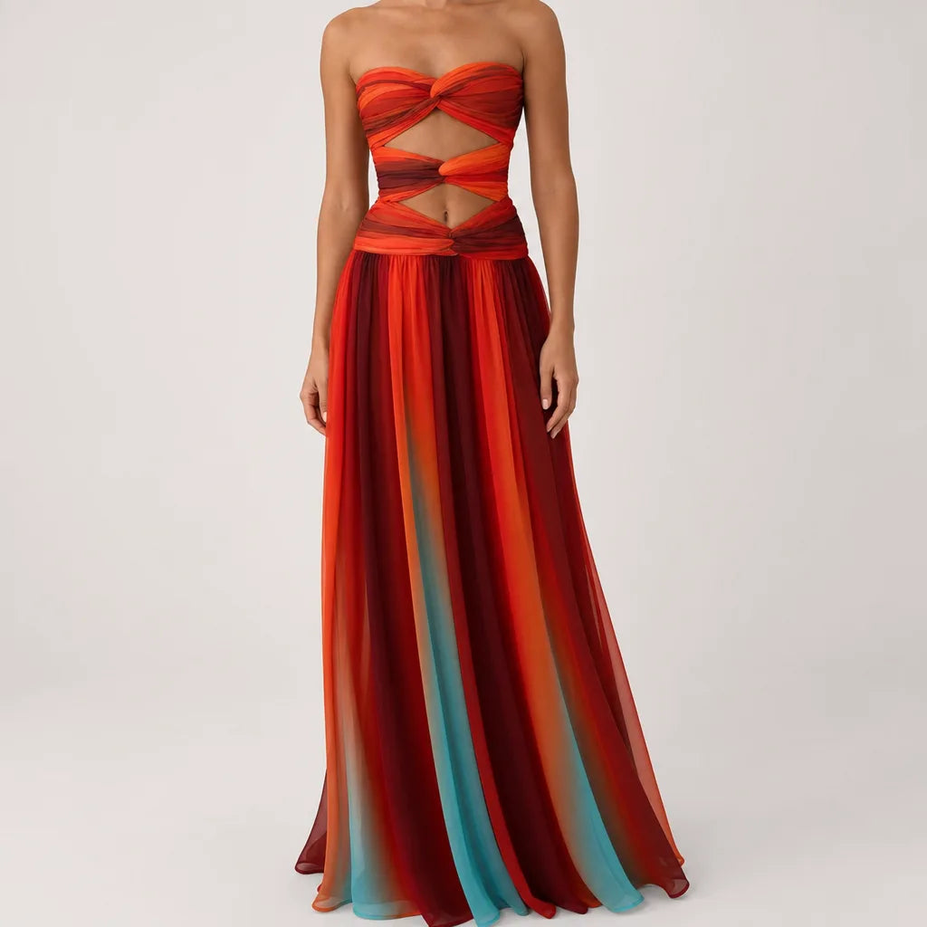 Guinevere | Elegant Evening Strapless Maxi Dress - Color:Red;Size:XS